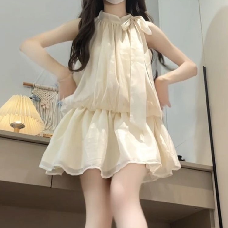 MY6282# 韩系甜美初恋无袖挂脖连衣裙夏季新款蝴蝶结系带小个子有内衬短...