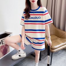 批发后包领 纯棉珠地抖音质量 <b class='q'>韩版</b>条纹运动两件套装短袖短裤女夏