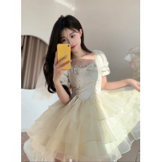 批发夏季2025蝴蝶结提花<b class='q'>欧根纱</b>仙女感连衣裙女在逃公主蓬蓬短裙子