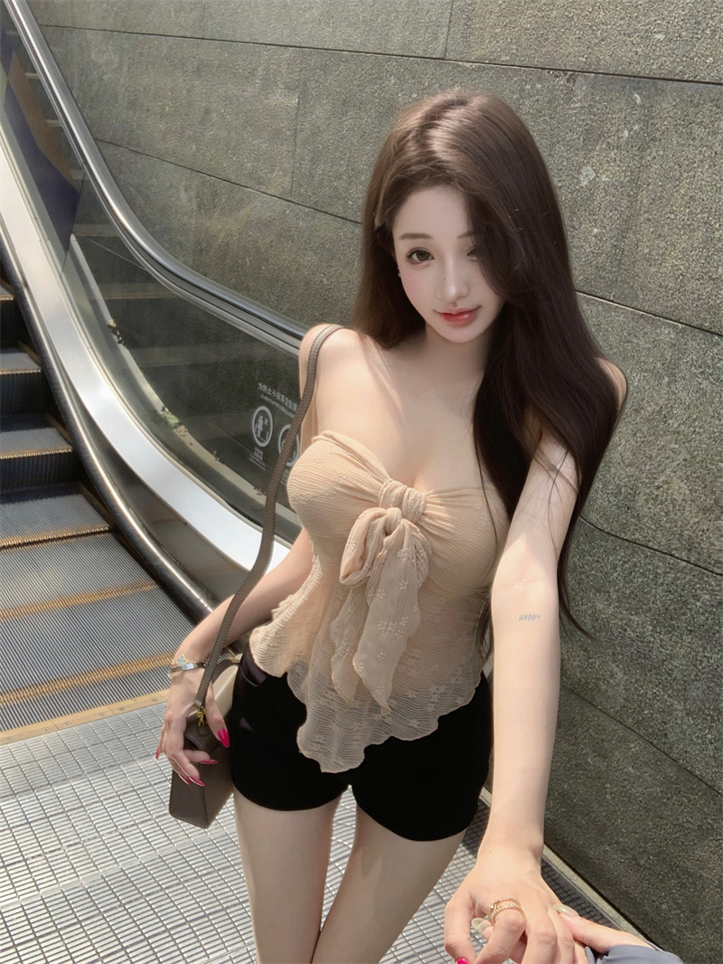 실사 정가 살구 색상 레이스 튜브탑 여성 섹시함 마이크로 ~을 통해 비틀림 스트랩 순수한 욕망 맨위