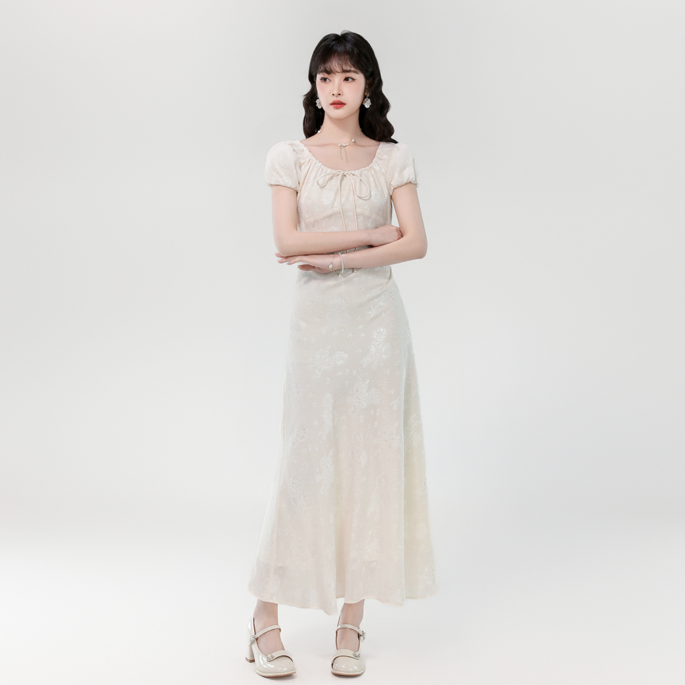 RY393# 实拍2026夏季新款法式温柔优雅提花抽绳气质收腰显瘦长款连衣...