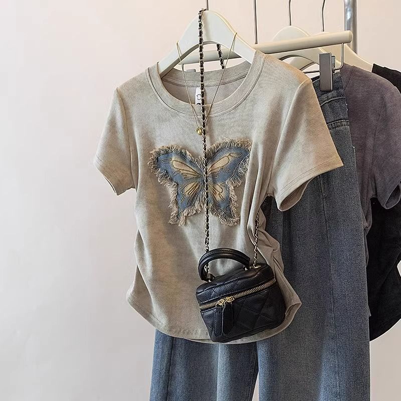 MY16961# 大码女装夏季正肩韩版扎染黑色短袖T恤胖mm复古短款收腰上...