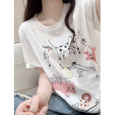 批发现货 大码雪花棉复古卡通印花短袖t恤女夏季松弛韩版圆领宽松上衣