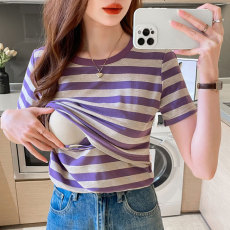 批发实拍 <b class='q'>夏</b>季新款哺乳纯棉T恤产后月子期百搭显瘦条纹喂奶上衣