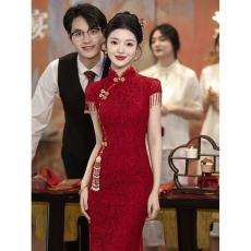 批发酒红色敬酒服<b class='q'>新娘</b>旗袍小个子订婚礼服连衣裙新中式结婚衣服女绝美