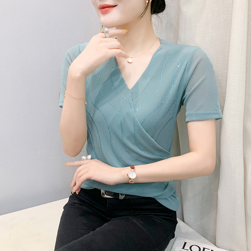 MY6902# V领烫钻网纱短袖T恤夏季新款褶皱纯色百搭洋气休闲女装潮女裝貨源服裝批發