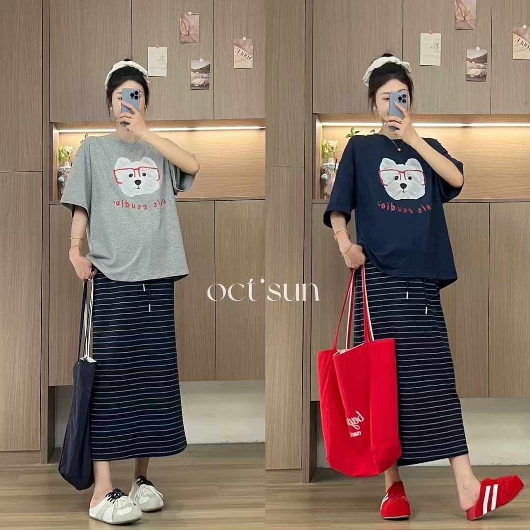 지금 지금 여름 출산 착용 귀여운 개 반팔 티셔츠 한 부서 임신 엄마 이후 트임 반신 치마 세트