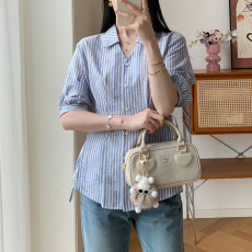 批发未央蓝调往事莱赛尔棉条纹衬衫<b class='q'>女</b>早秋季法式设计感小众上衣