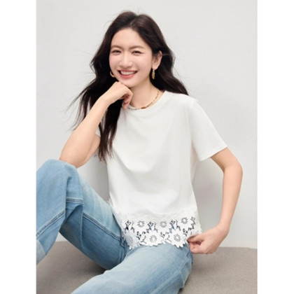夏季新款蕾丝下摆拼接白色T恤女短袖凉感正肩圆领上衣 服裝批發女裝批發服飾貨源