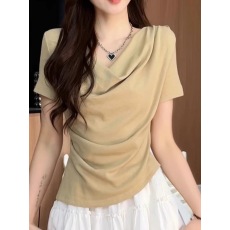 批发大码女装2025年夏季新不规则时尚荡领气质甜美修身显瘦短款T恤潮