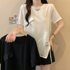 批发2025夏季大码女装T恤时尚胖妹妹宽松遮肚减龄不对称百搭短袖上衣