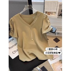 批发卡其色V领正肩泡泡袖短袖T恤夏季大码微胖mm洋气遮肚小衫气质上衣