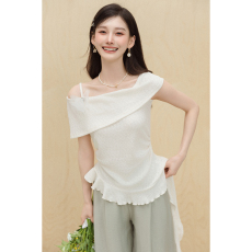 批发法式一字领露肩拼接木耳边上衣女2025夏季时尚<b class='q'>短袖</b>t恤