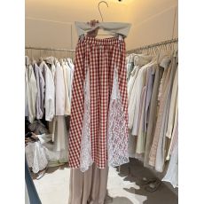 批发春夏新款韩版宽松高腰橡筋拼接蕾丝设计复古感显瘦百搭格子半身<b class='q'>裙</b>