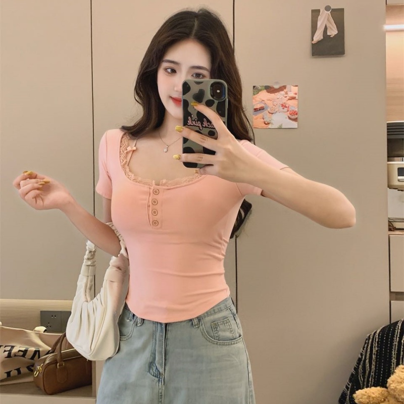 FA30032# 夏季纯欲性感蕾丝拼接纽扣短袖T恤女带胸垫内搭修身打底上衣