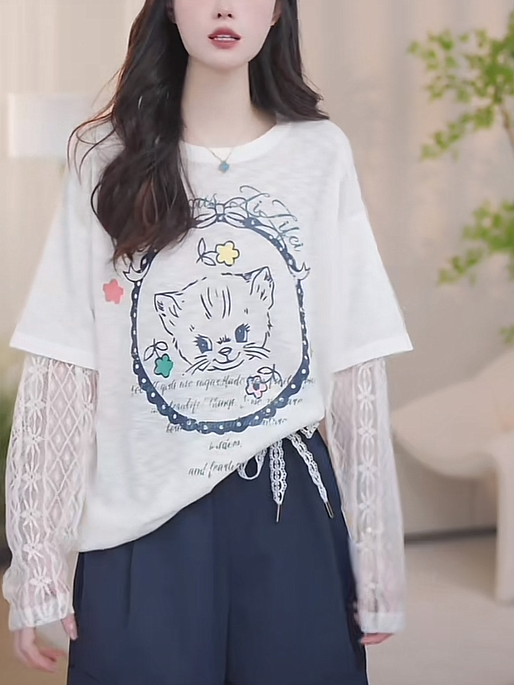 BY31479# 假两件蕾丝拼接百搭T恤女早秋季新款独特超好看上衣防晒小衫  服裝批發女裝批發服飾貨源