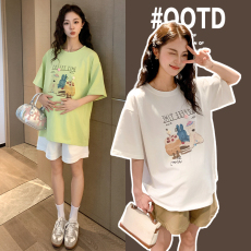 批发2026实拍纯棉<b class='q'>孕妇装</b>套装上衣夏装新款卡通T恤衫宽松大码中长款女