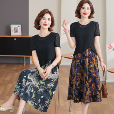 批发时尚两件套雪纺短袖连衣裙女2026夏装新款<b class='q'>中年</b><b class='q'>大码</b>印花裙子