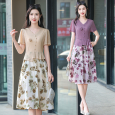 批发时尚针织拼接假<b class='q'>两件套</b>短袖连衣裙女2026夏装新款<b class='q'>雪纺</b>印花裙子