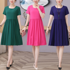 批发新款气质妈妈<b class='q'>人造棉</b>睡裙女夏天可外穿纯色加大码棉绸<b class='q'>连衣裙</b>有口袋