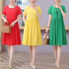 批发新款气质妈妈<b class='q'>人造棉</b>睡裙女夏天可外穿纯色加大码棉绸<b class='q'>连衣裙</b>有口袋