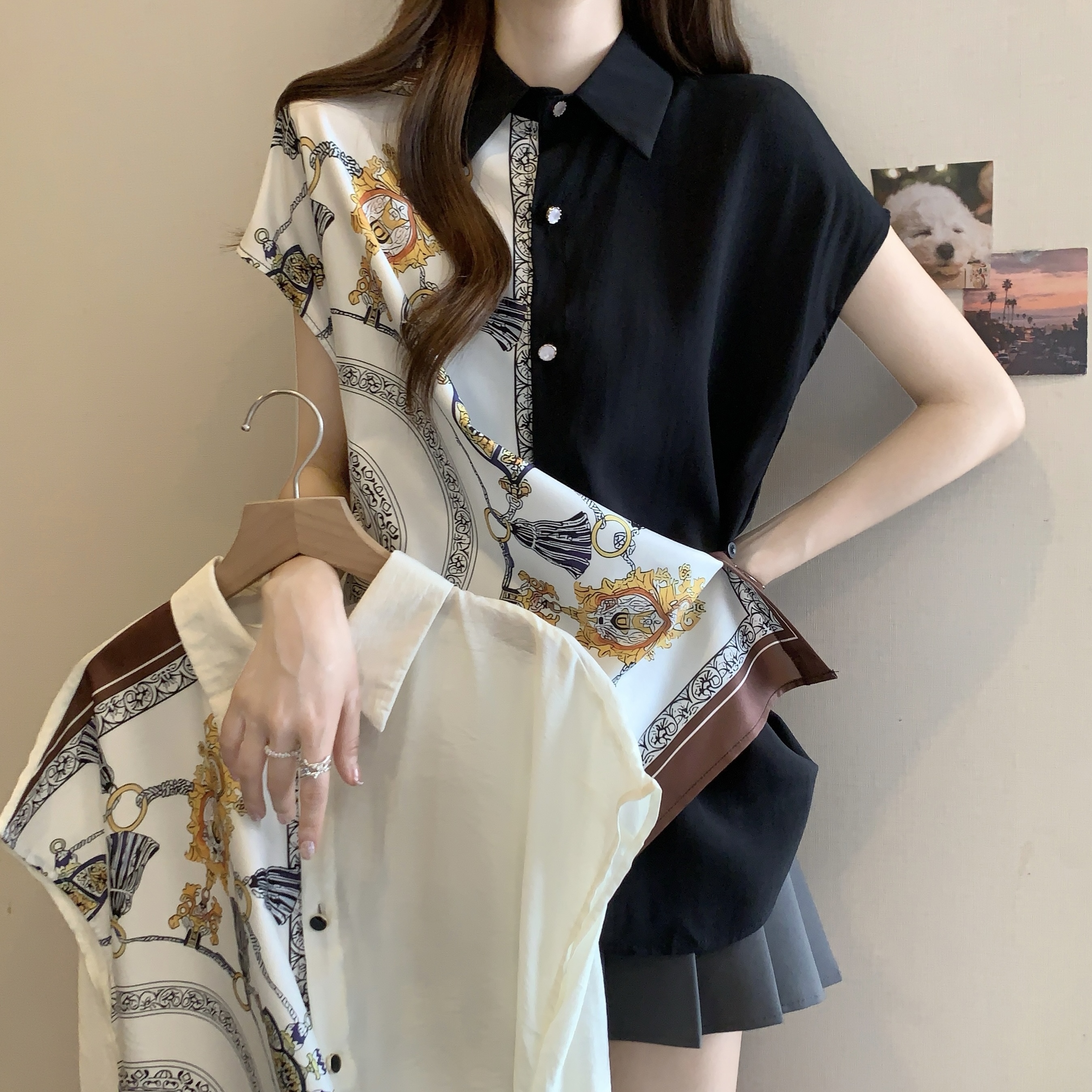 FA37165# 国风水墨醋酸黑色短袖衬衫女夏季新款大码胖mm不规则收腰上衣 服裝批發女裝批發服飾貨源