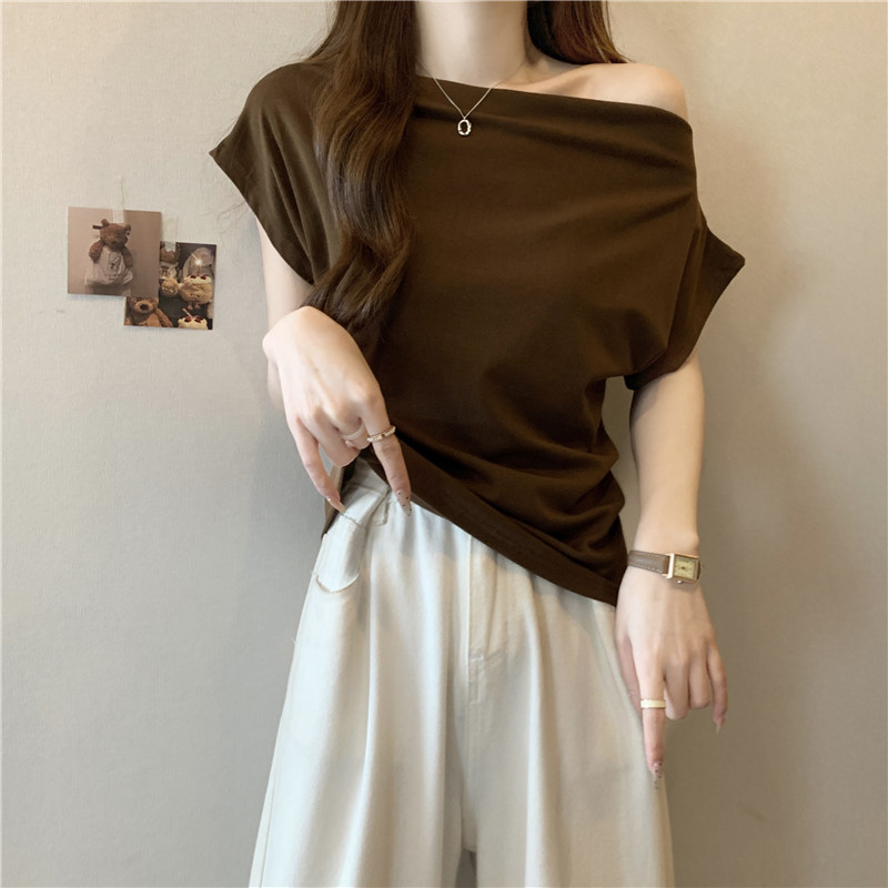 RY3787# 实拍夏装新款高级感一字肩短袖修身显瘦t恤小众别致独特上衣女