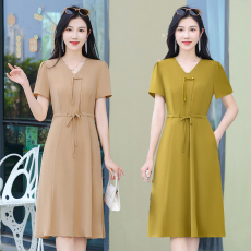 批发2026夏季新款短袖时尚连衣<b class='q'>裙</b>女修身显廋气质名媛中长款<b class='q'>裙</b>子