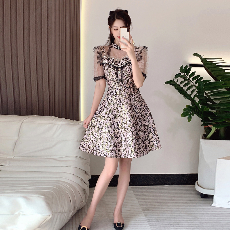 钉珠盘扣立体花花边收腰显瘦气质连衣裙 服裝批發女裝批發服飾貨源