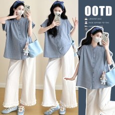 批发M到3XL实拍2025夏季新款<b class='q'>孕妇</b><b class='q'>大码</b>体恤＋冰丝夏季花边九分裤