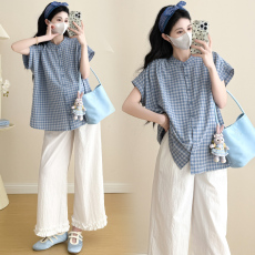 批发M到3XL实拍2025夏季新款<b class='q'>孕妇</b><b class='q'>大码</b>体恤＋冰丝夏季花边九分裤