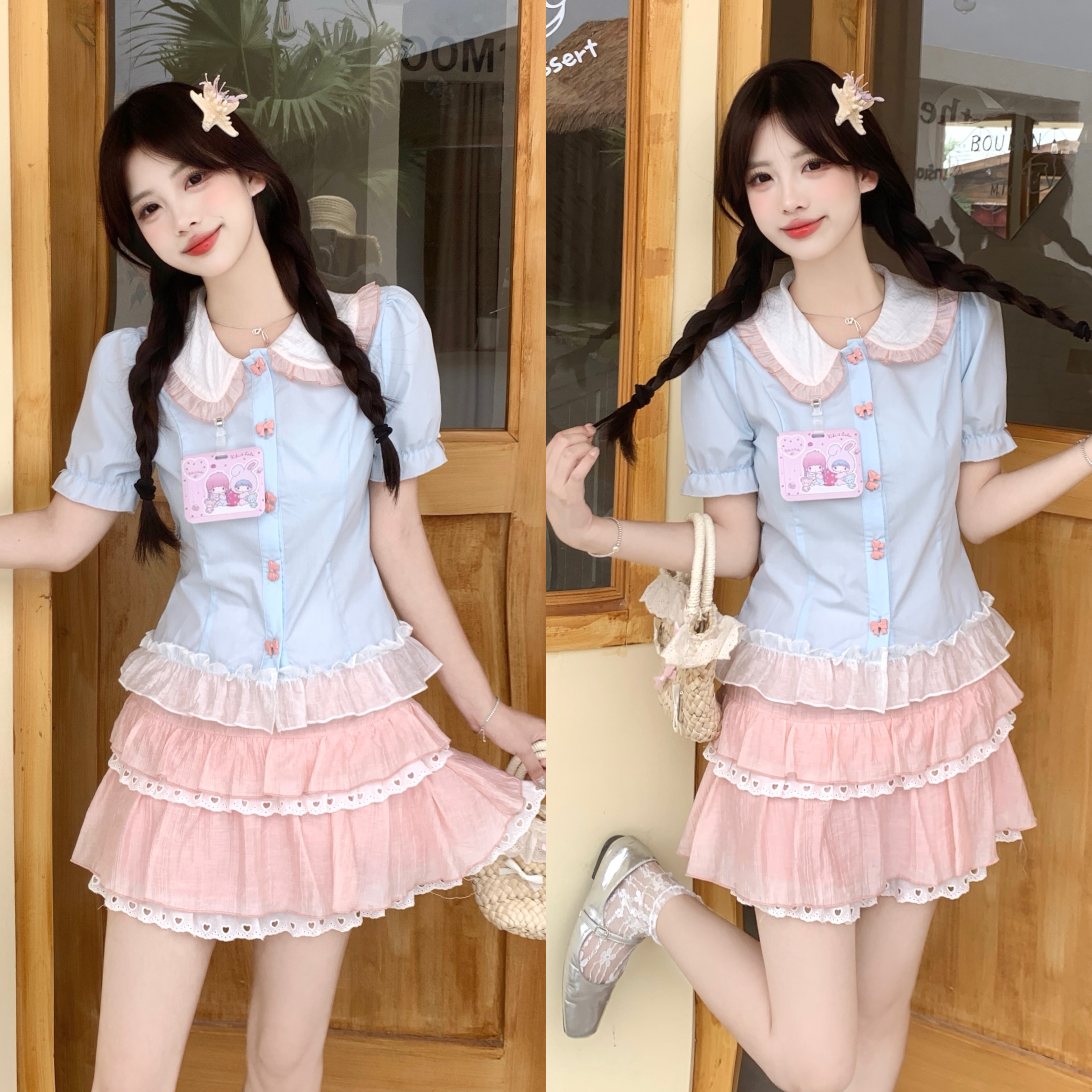 MY7480# 大码兔兔学院夏日漂亮小套装蓝撞粉色衬衫上衣粉色半身裙女女裝...