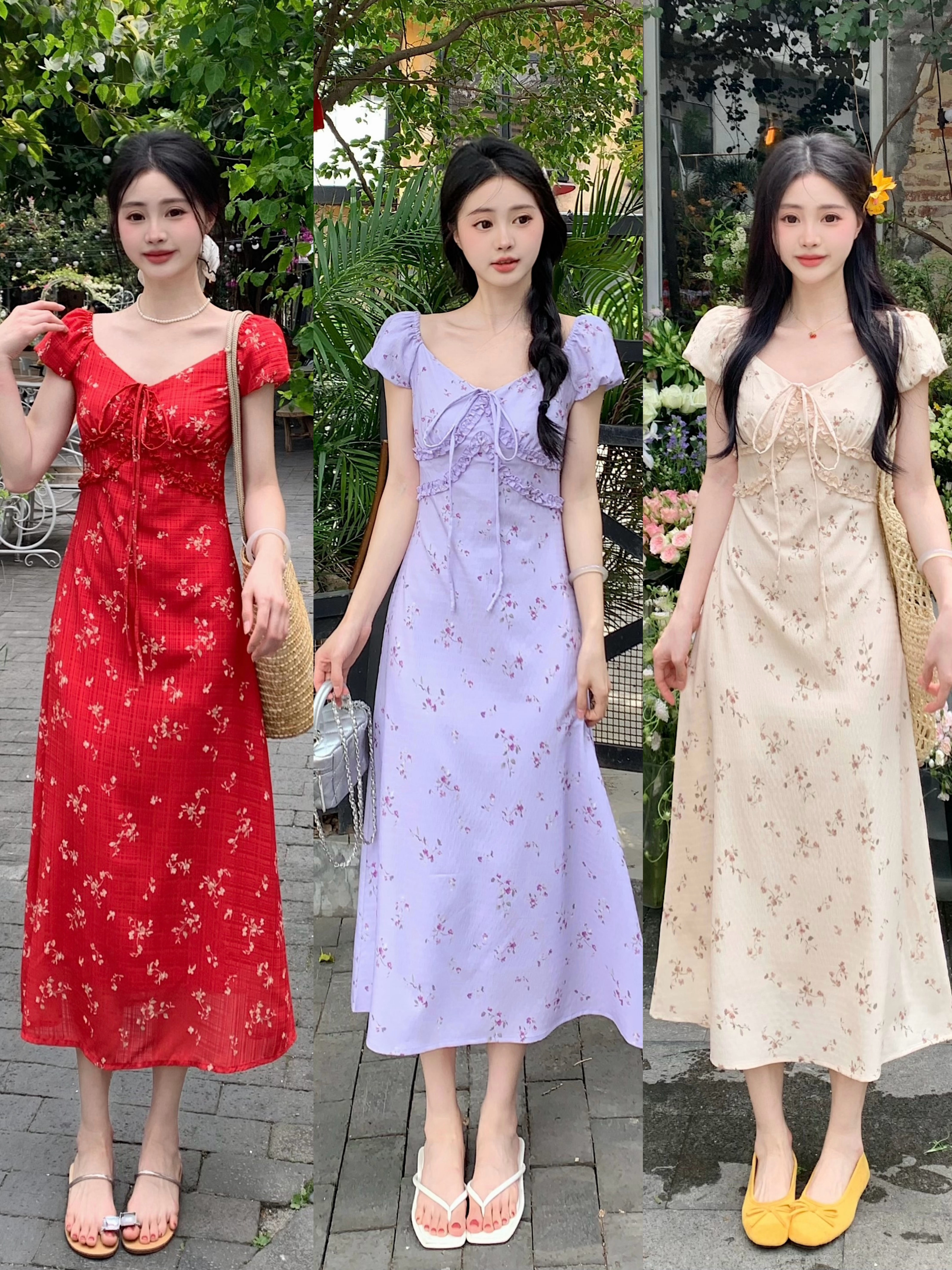 MY7478# 大码法式绝美V领碎花连衣裙女夏季气质收腰长裙茶歇裙度假裙女...