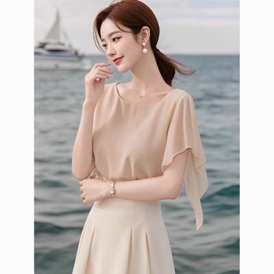 MY7393# 法式温柔风圆领短袖雪纺衫女夏季新款时尚高级感气质通勤宽松衬衣女裝貨源服裝批發