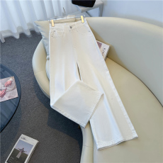 批发<b class='q'>白色</b>美式复古水洗<b class='q'>牛仔裤</b>阔腿裤女夏季高腰宽松垂感拖地直筒裤长裤