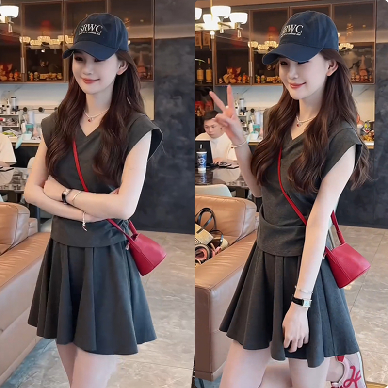 FA20833# 超好看时尚套装女夏季坎肩收腰上衣+A字松紧腰短裙两件套 服裝批發女裝批發服飾貨源