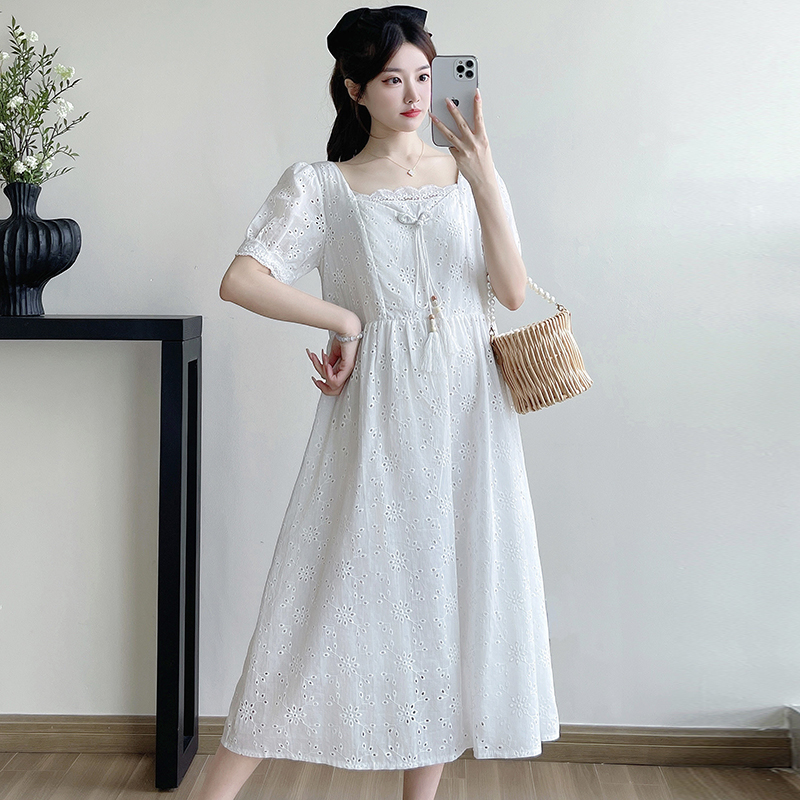 여름 새로운 출산 착용 순면 무거운 작업 자수 작은 청신 미니멀리즘 루즈핏 패션 품격 달콤함 드레스 트렌디