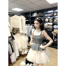 批发维斯小姐烟熏格舞小众芭蕾少女格纹拼接多层网纱重工显瘦连衣<b class='q'>裙</b>