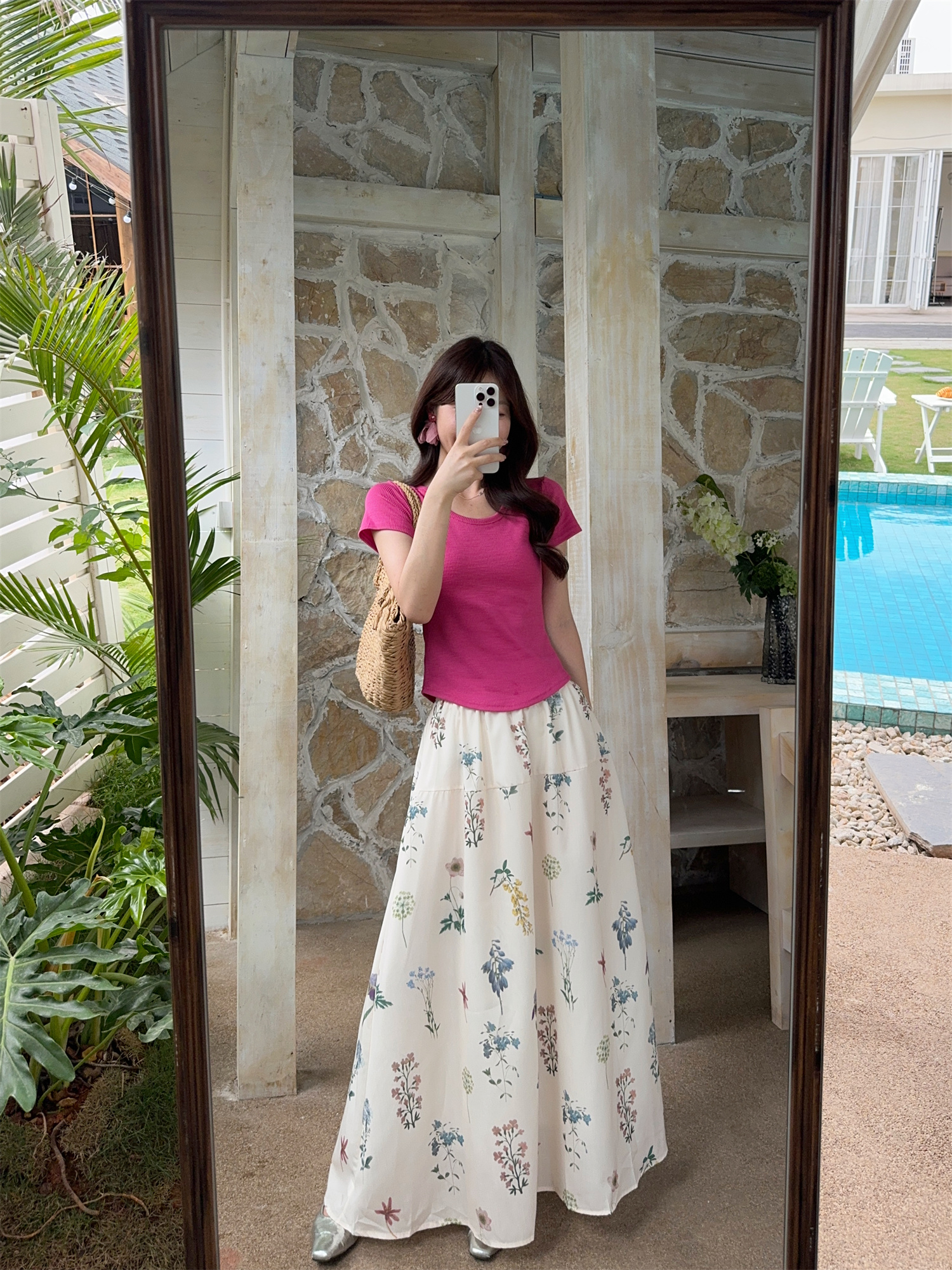 FA24331# 纯欲显白树莓粉U领T+设计感碎花A字半身裙 服裝批發女裝批發服飾貨源