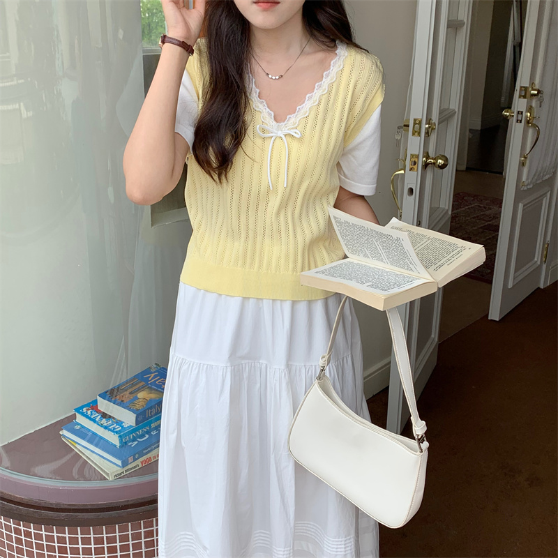 실사 달콤함 레이스 레이스 레이스업 패치워크 V넥 반팔 티셔츠 여성 여름 작은 대중 홀로우 아웃 니트 맨위