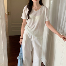 批发实拍 雪花鹅蛋领短袖<b class='q'>T</b><b class='q'>恤</b>女夏款宽松V领轻薄款透气慵懒软糯上衣