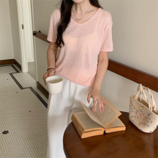 批发实拍 雪花鹅蛋领短袖<b class='q'>T</b><b class='q'>恤</b>女夏款宽松V领轻薄款透气慵懒软糯上衣