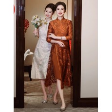 批发妈妈婚宴装连衣裙平时可穿改良新中式蕾丝奥黛喜婆婆旗袍修身显瘦