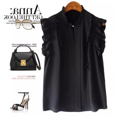 批发一线大品牌清仓捡漏剪标女装外贸货<b class='q'>原</b><b class='q'>单</b>真丝荷叶边钉扣无袖衬衣衫