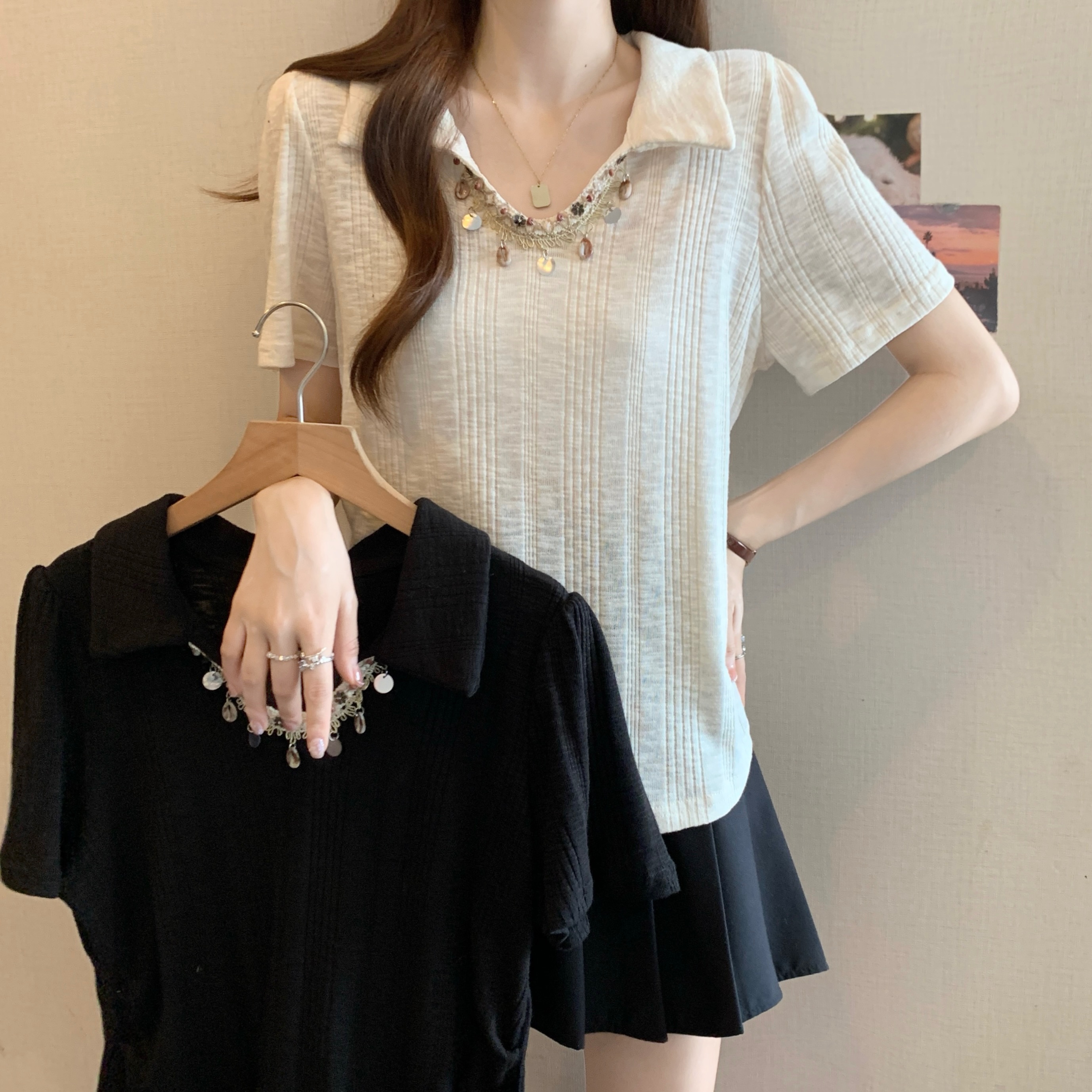 MY7016# 大码设计感重工流苏正肩短袖t恤女装夏季胖mm显瘦别致绝美小...