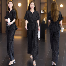 批发2026夏季新款大码胖mm一整套穿搭波点短袖衬衫宽松阔腿长裤女套装