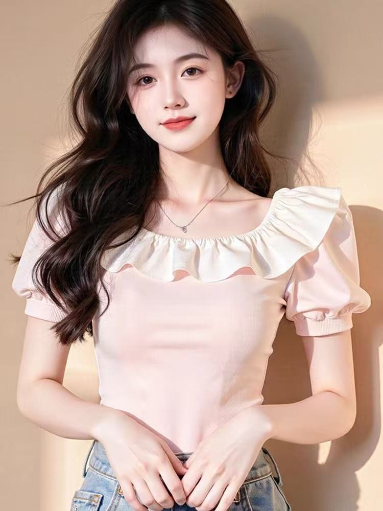 FA35697# 粉色短袖t恤女新款夏季爆款荷叶边设计感独特漂亮泡泡袖上衣 服裝批發女裝批發服飾貨源