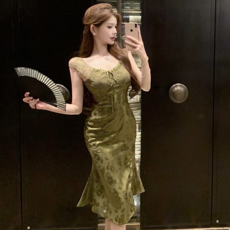 MY6420# 复古新中式轻熟风缎面提花蕾丝拼接性感露背鱼尾连衣裙女裝貨源服裝批發