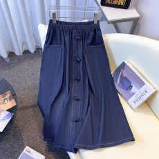 批发实拍2026夏季新款天丝牛仔松紧腰大码<b class='q'>半身裙</b>高腰显瘦盘扣<b class='q'>长裙</b>