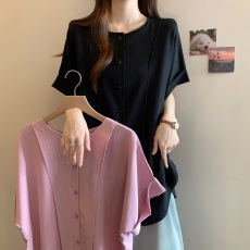 批发设计感侧边开叉正肩短袖衬衫女夏大码胖MM宽松遮肚气质百搭<b class='q'>雪纺衫</b>